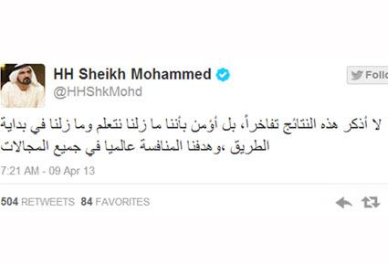 محمد بن راشد عبر تويتر: الإمارات تحتل المرتبة الأولى في تطلعات الشباب العربي وطموحاته